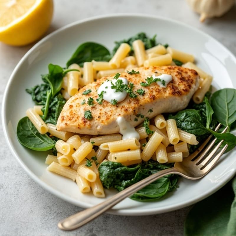Creamy Lemon Garlic Chicken with Whole Wheat Pasta and Fresh Spinach