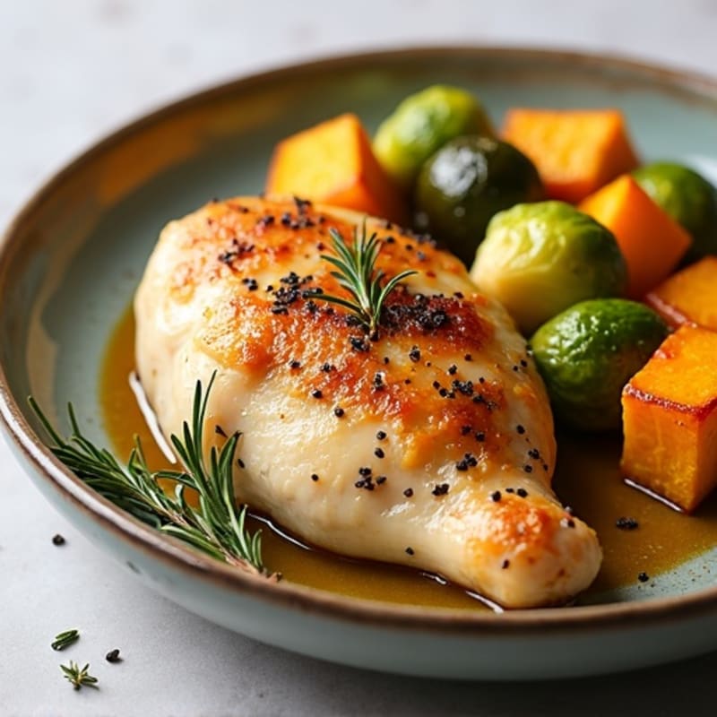Garlic Herb Roasted Chicken with Crispy Brussels Sprouts and Roasted Butternut Squash