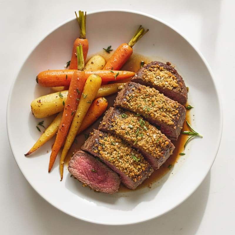 Herb-Crusted Beef with Roasted Root Vegetables