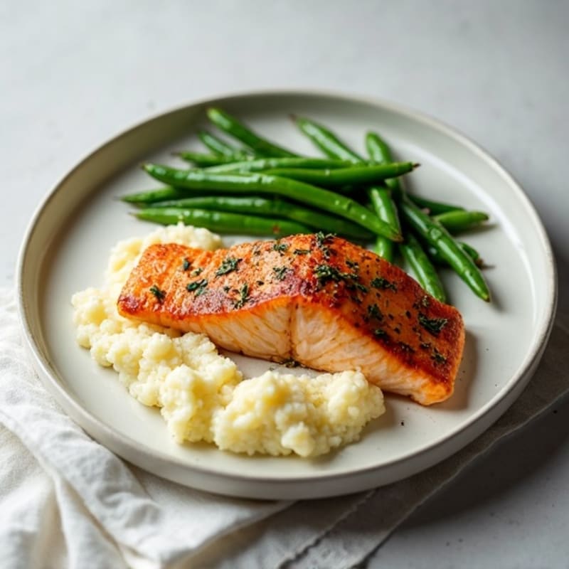 Seared Salmon with Steamed Green Beans and Cauliflower Mash