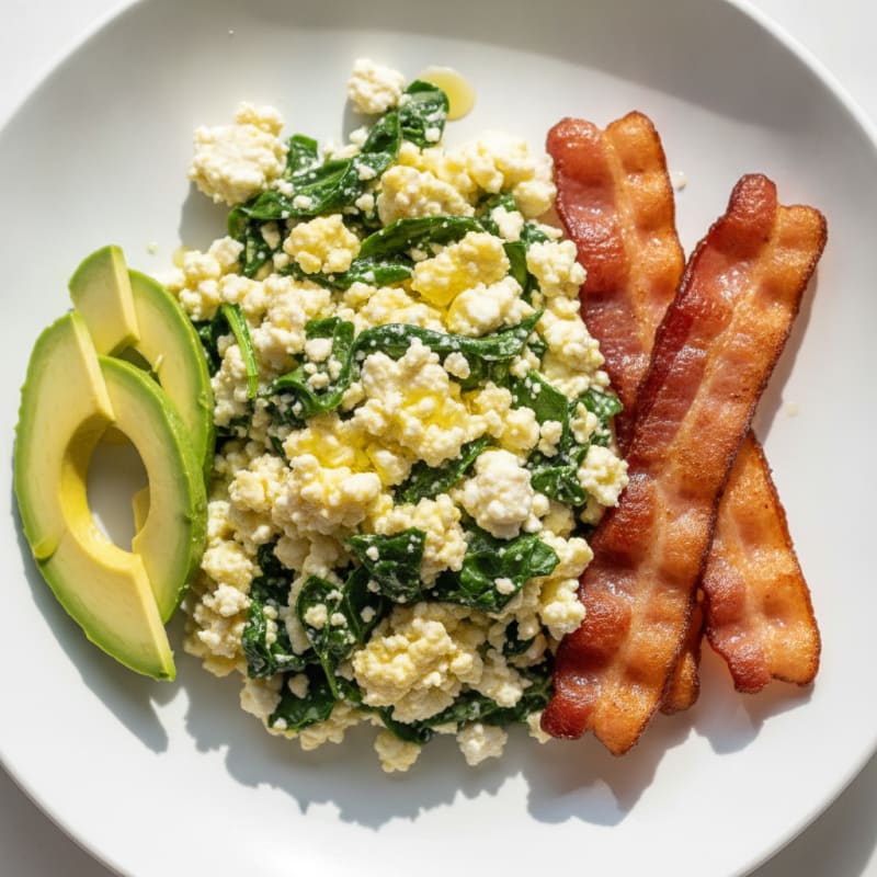 Cottage Cheese Scramble with Spinach and Turkey Bacon