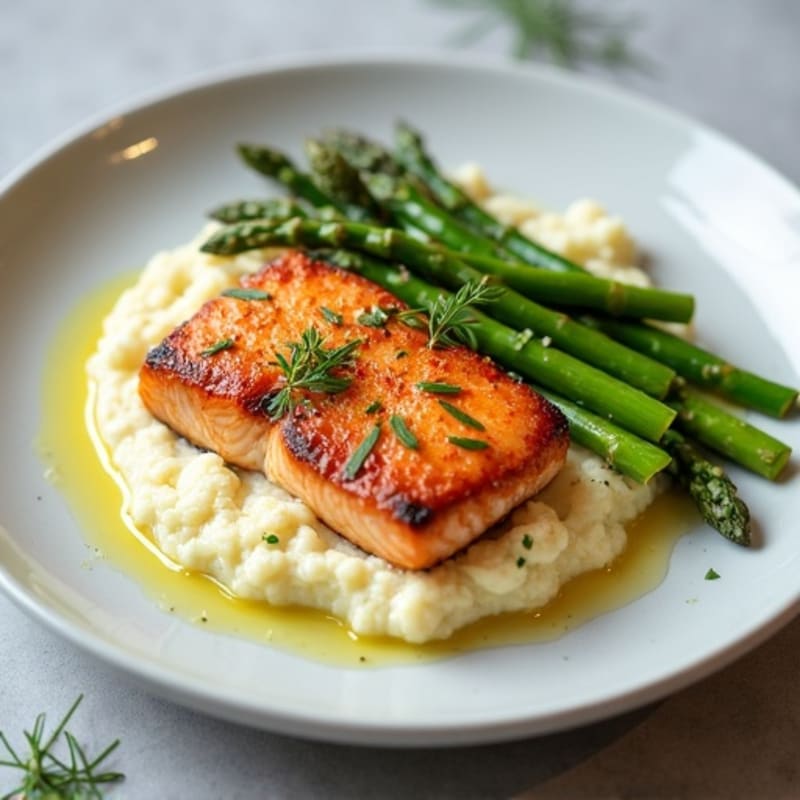 Seared Salmon Fillet with Steamed Asparagus and Cauliflower Mash