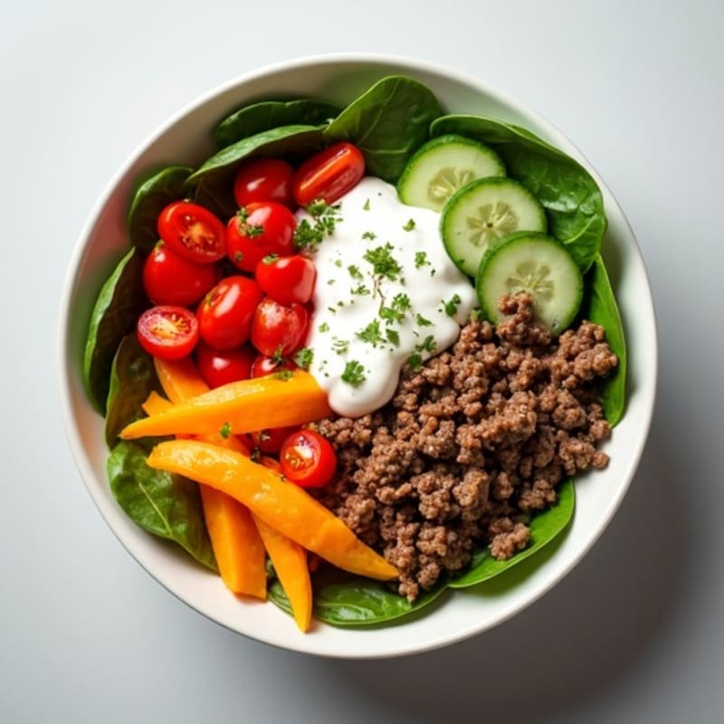 Lean Ground Beef and Crisp Veggie Bowl with Creamy Tangy Dressing