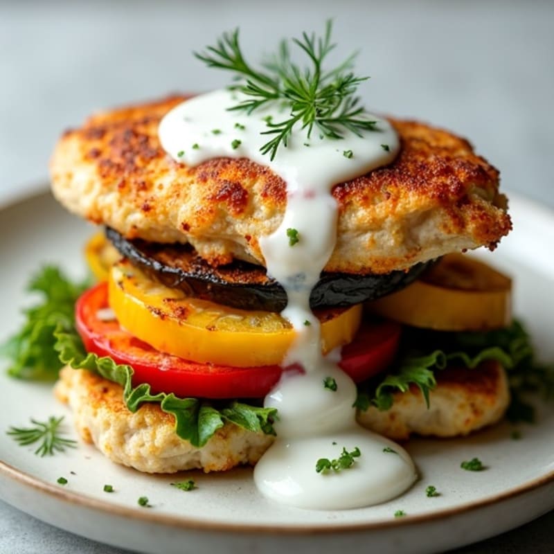 Crispy Baked Chicken and Roasted Vegetable Stack with Creamy Herb Dressing