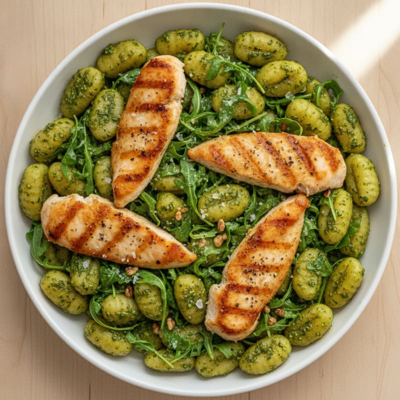 Gnocchi with Arugula Pesto and Seared Chicken
