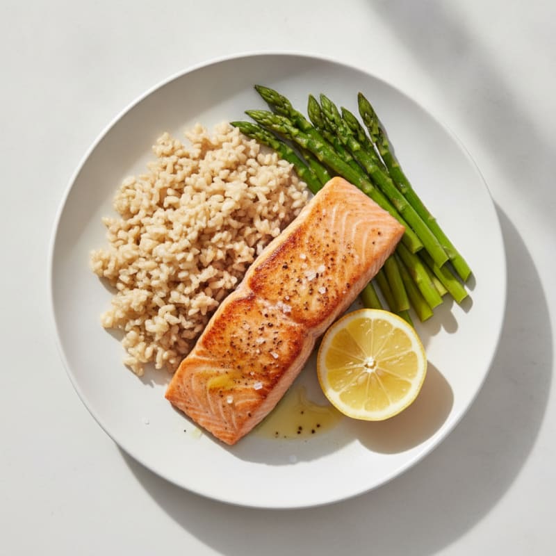 Seared Salmon with Steamed Asparagus and Brown Rice
