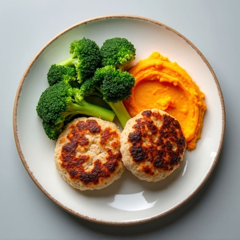 Seared Turkey Patties with Steamed Broccoli and Sweet Potato Mash
