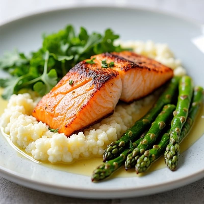 Seared Salmon Fillet with Roasted Asparagus and Garlic Mashed Cauliflower
