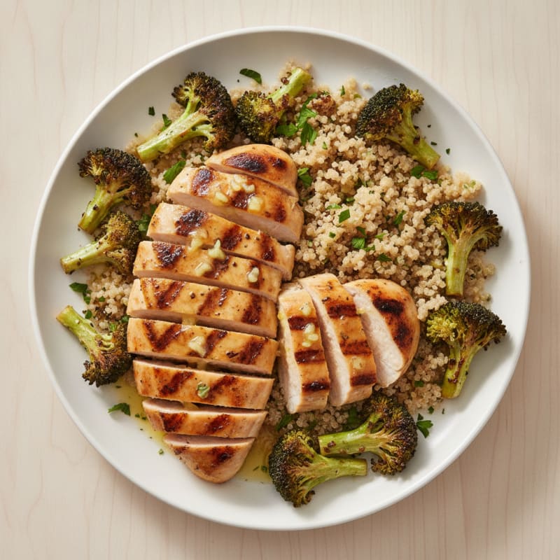 Grilled Lemon Garlic Chicken Breast with Quinoa and Roasted Broccoli