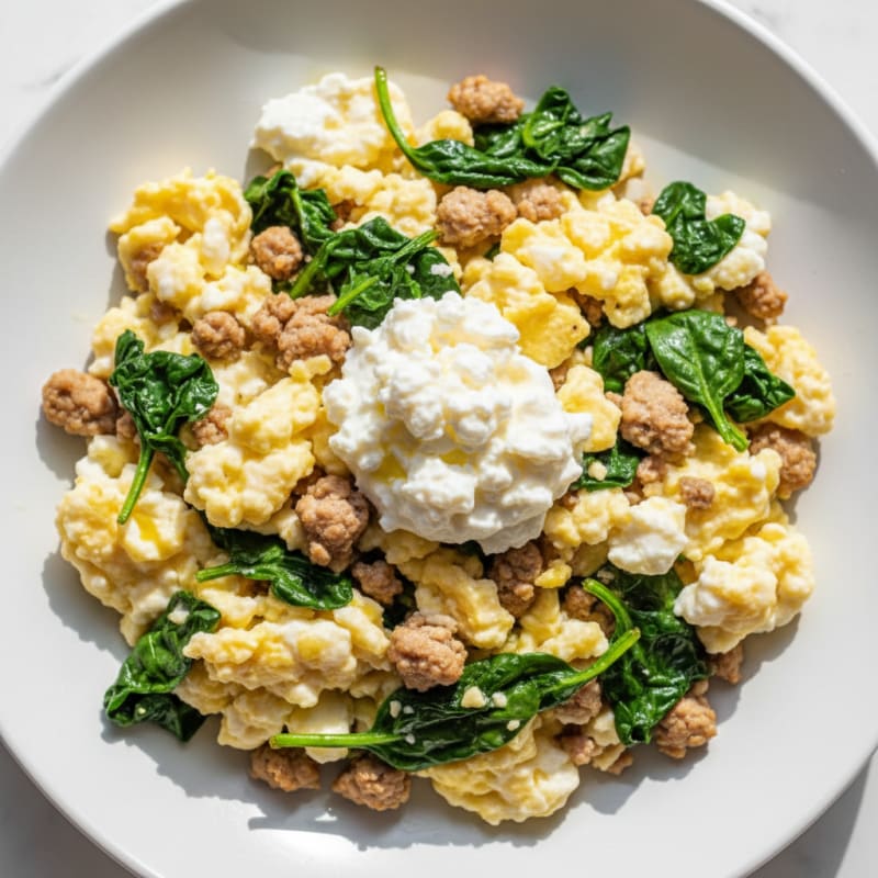 Egg White and Turkey Spinach Scramble with Cottage Cheese