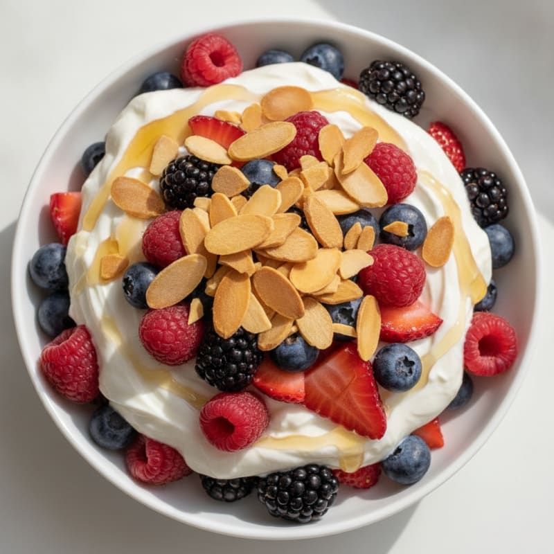 Greek Yogurt Protein Parfait with Mixed Berries and Almonds