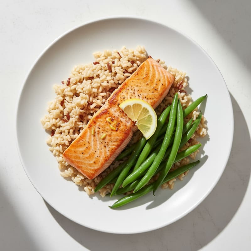 Seared Salmon with Steamed Green Beans and Brown Rice