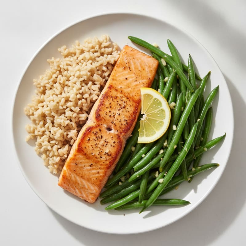 Seared Salmon with Garlic Green Beans and Brown Rice