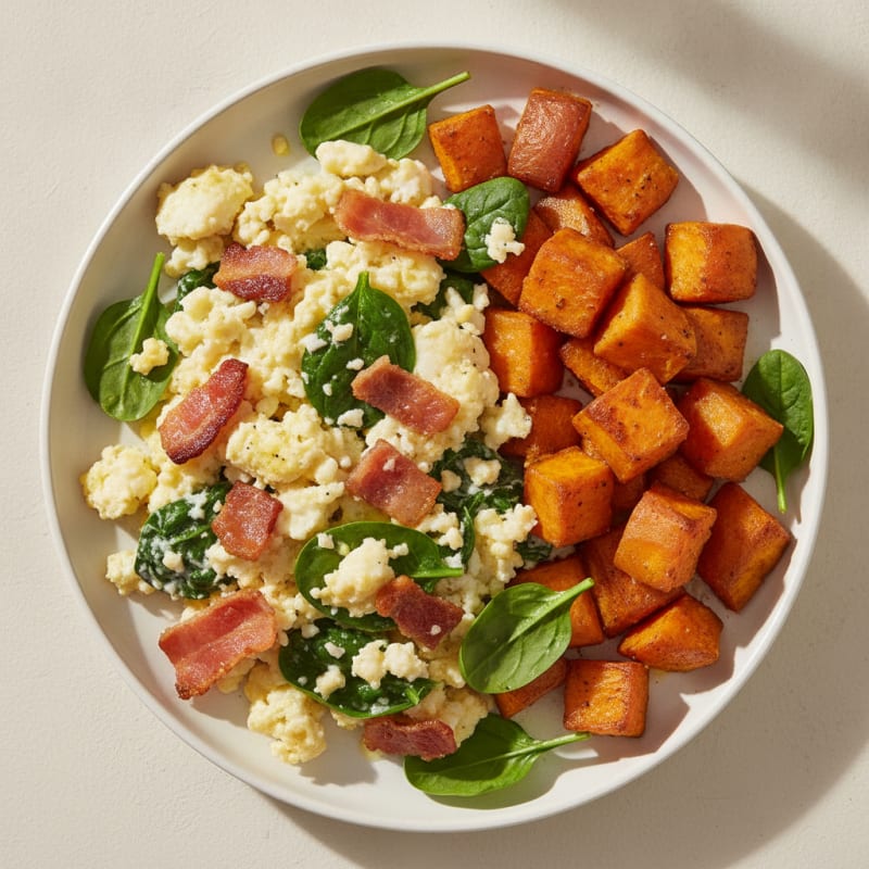 Crispy Turkey Bacon and Egg White Scramble with Roasted Sweet Potatoes