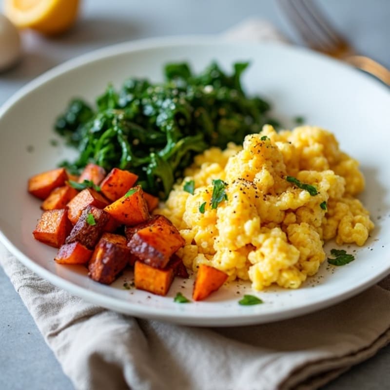 Savory Egg Scramble with Sautéed Greens and Crispy Sweet Potato Hash