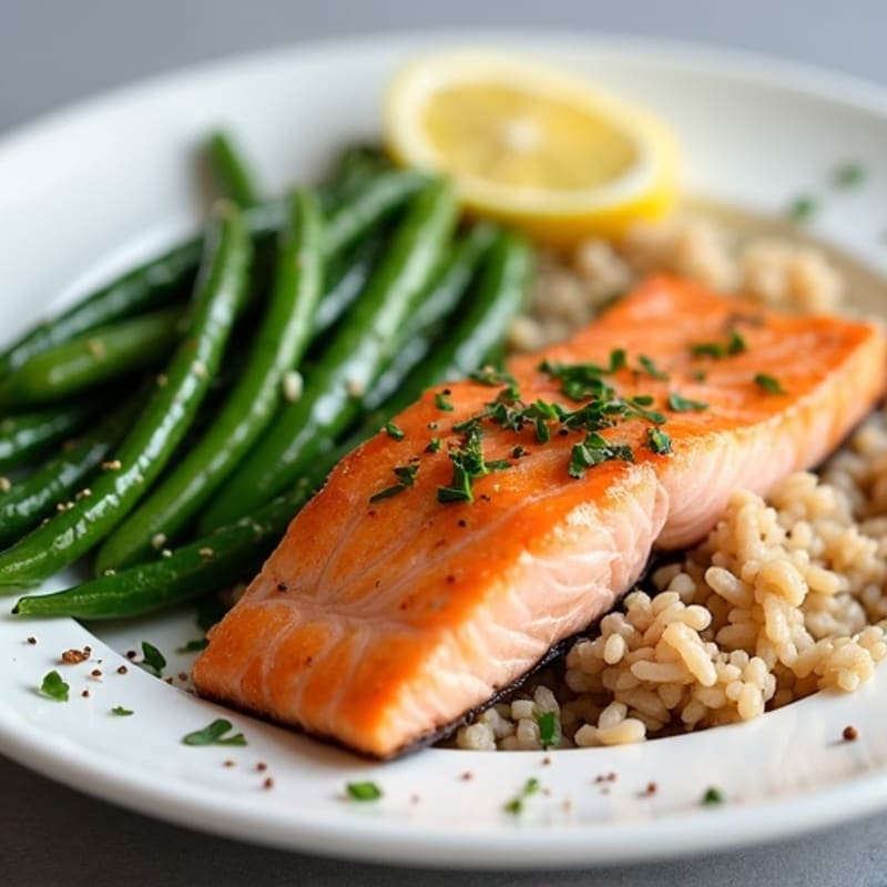 Seared Salmon with Steamed Green Beans and Brown Rice