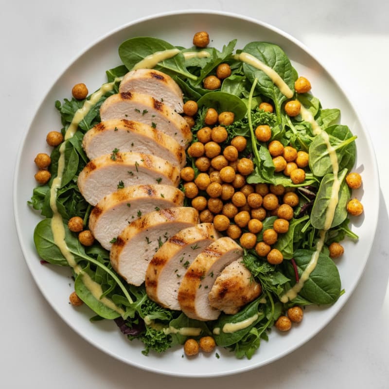 Grilled Turkey Breast Salad with Roasted Chickpeas and Mixed Greens