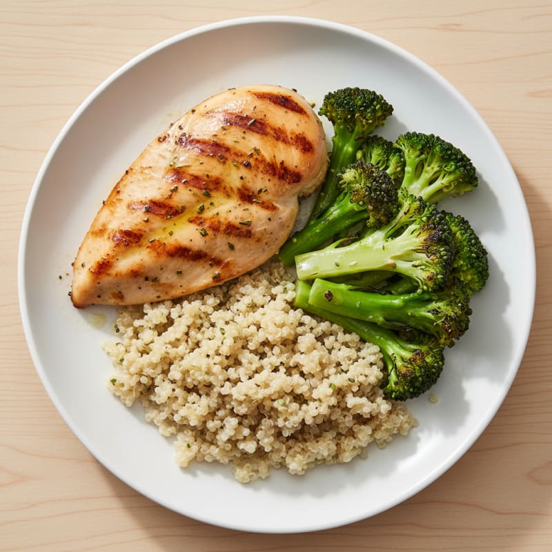 Grilled Chicken Breast with Steamed Broccoli and Quinoa
