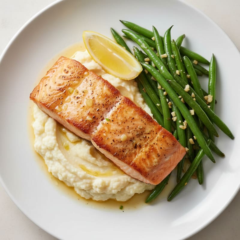 Seared Salmon with Garlic Green Beans and Cauliflower Mash