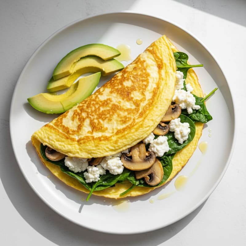 Egg White Spinach Omelette with Cottage Cheese and Sautéed Mushrooms