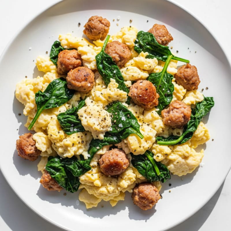Scrambled Egg Whites with Turkey Sausage and Sautéed Spinach
