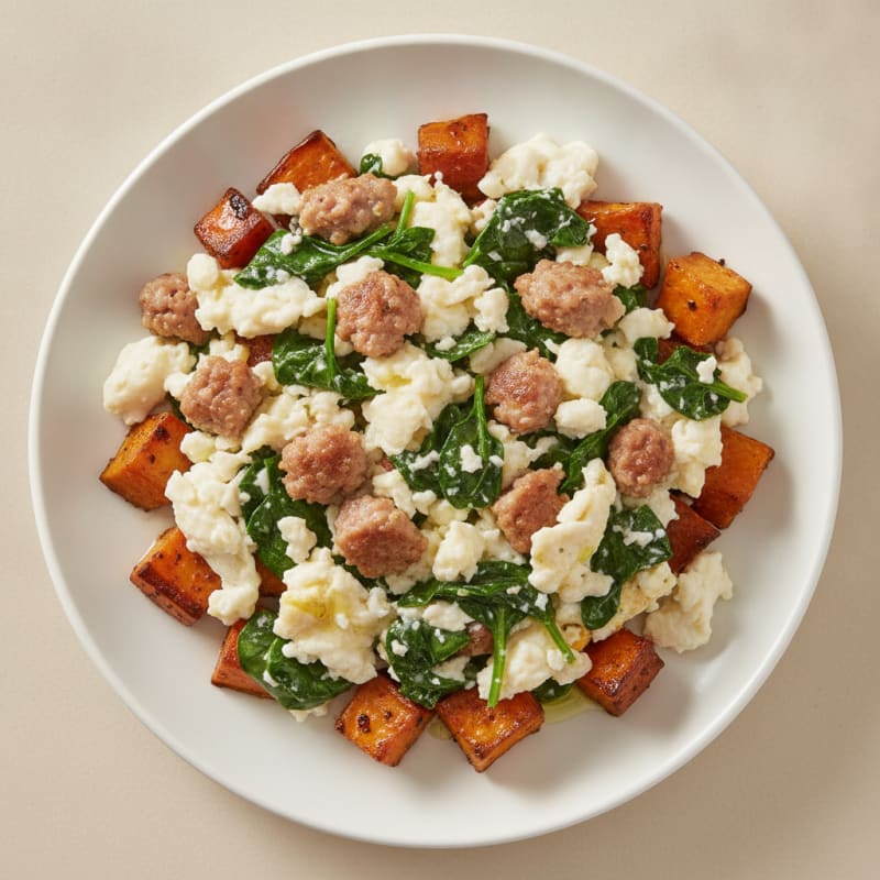 Egg White and Turkey Sausage Scramble with Spinach and Roasted Sweet Potato