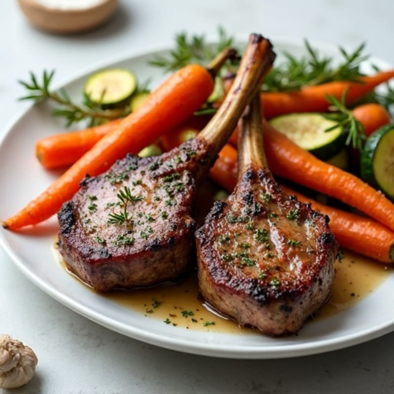 Herb-Rubbed Lamb Chops with Garlic Roasted Carrots and Zucchini