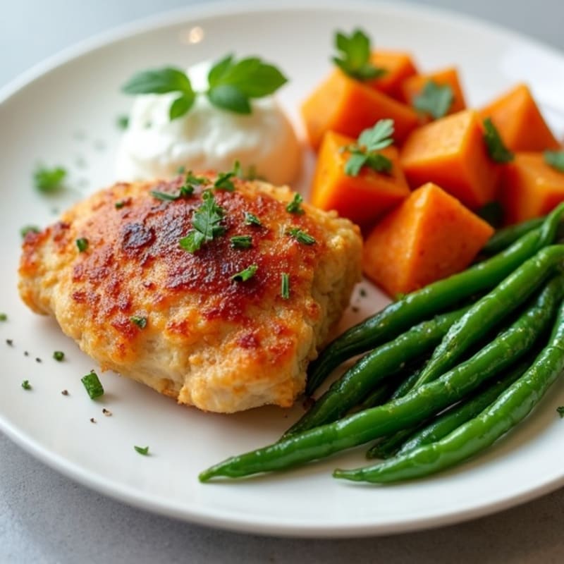 Crispy Baked Chicken Thighs with Roasted Sweet Potatoes and Green Beans