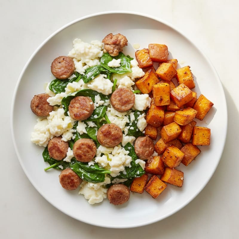 Egg White and Turkey Sausage Scramble with Roasted Sweet Potatoes