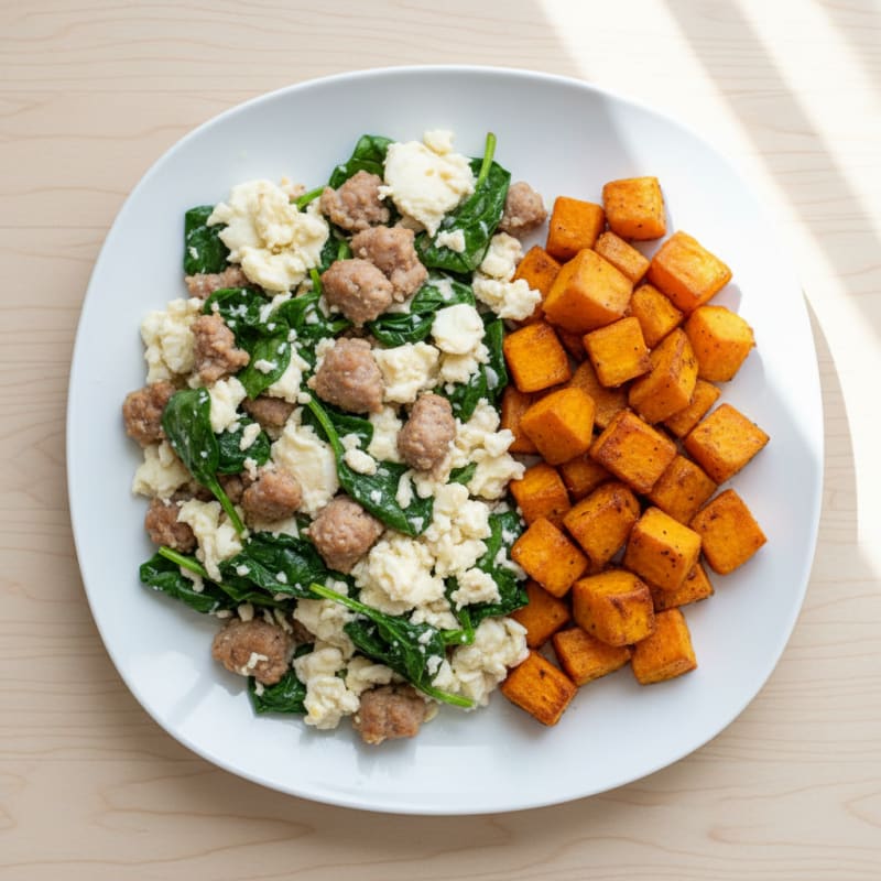 Egg White and Turkey Sausage Scramble with Spinach and Roasted Sweet Potato