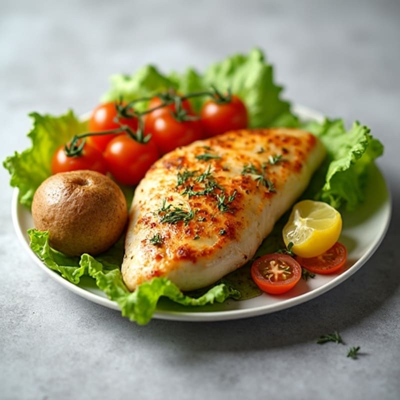 Herb-Roasted Chicken with Crispy Baked Potato and Fresh Tomato Lettuce Salad