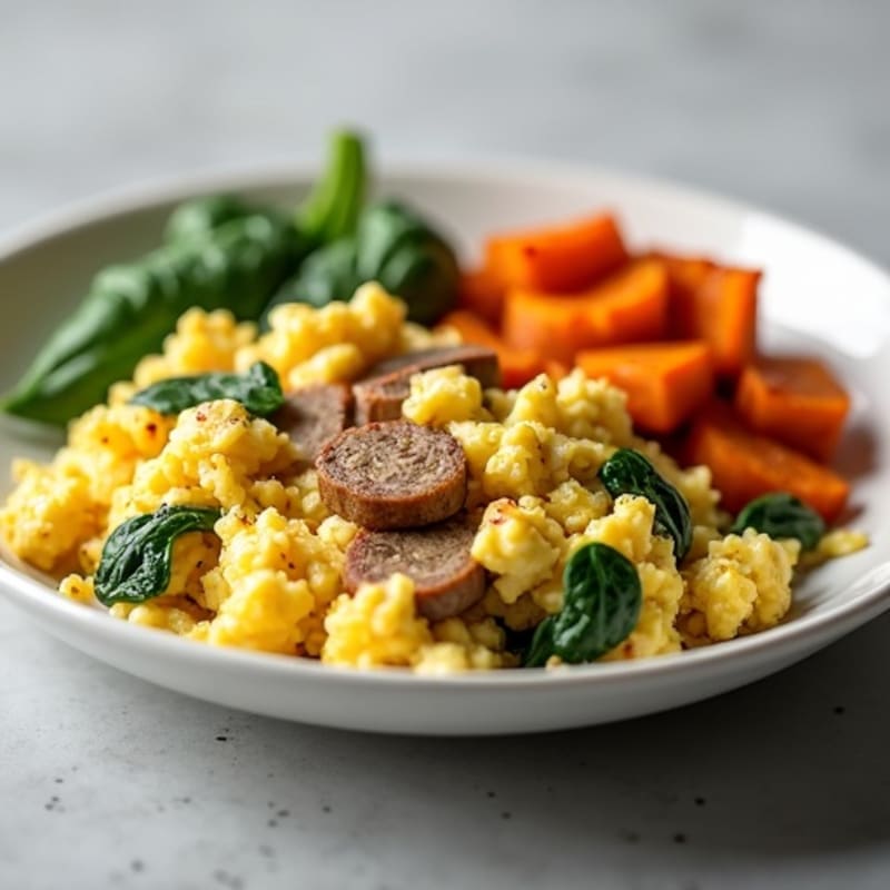 Egg White and Turkey Sausage Scramble with Roasted Sweet Potatoes