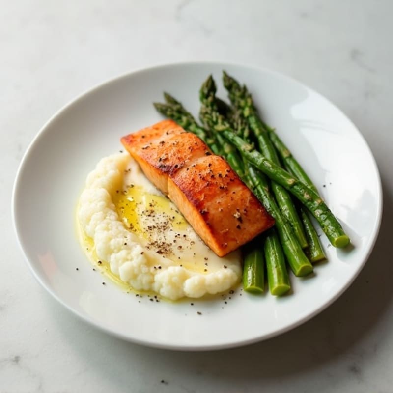 Seared Salmon Fillet with Steamed Asparagus and Cauliflower Mash