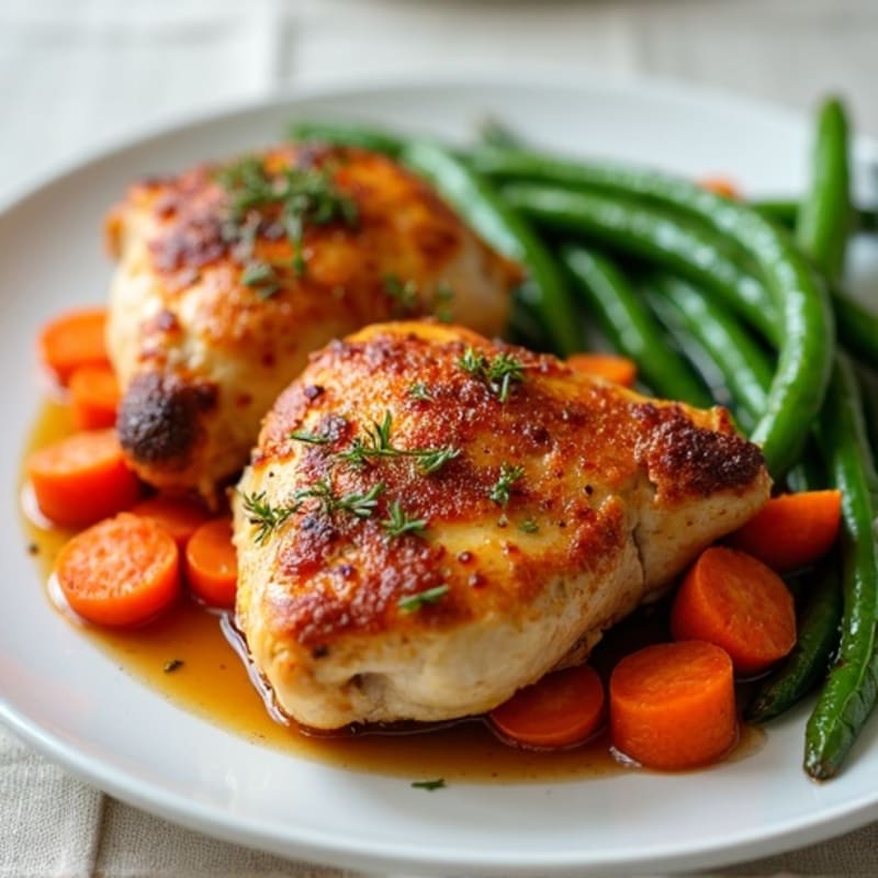 Crispy Roasted Chicken Thighs with Maple Glazed Carrots and Fresh Green Beans