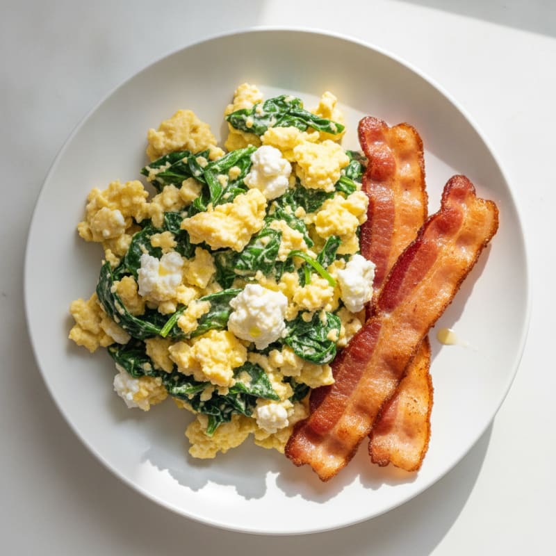 Cottage Cheese Egg Scramble with Spinach and Turkey Bacon
