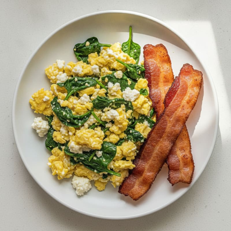 Cottage Cheese Egg Scramble with Spinach and Turkey Bacon