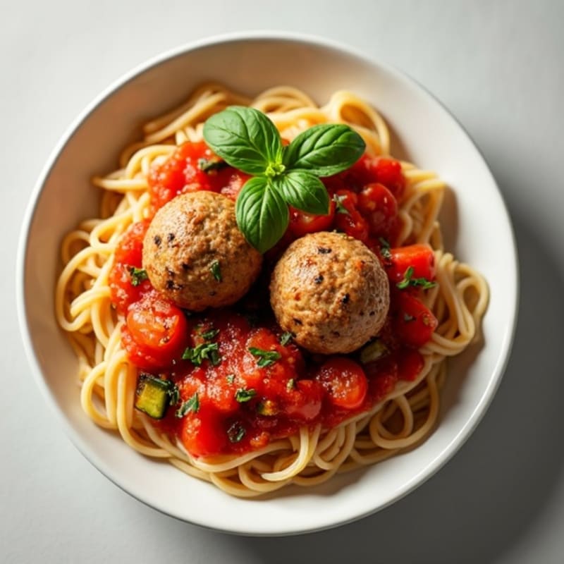 Lean Turkey Meatballs with Whole Wheat Spaghetti and Garden Vegetable Marinara
