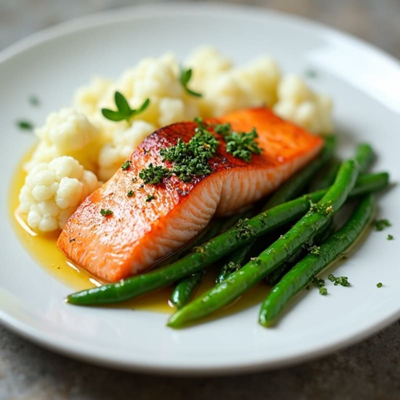 Seared Salmon with Steamed Green Beans and Garlic Mashed Cauliflower