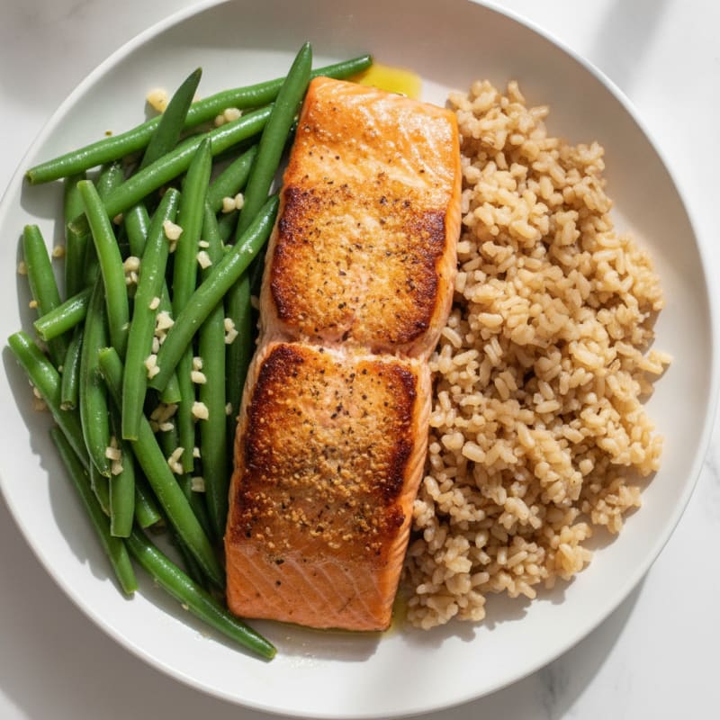 Seared Salmon Fillet with Garlic Green Beans and Brown Rice