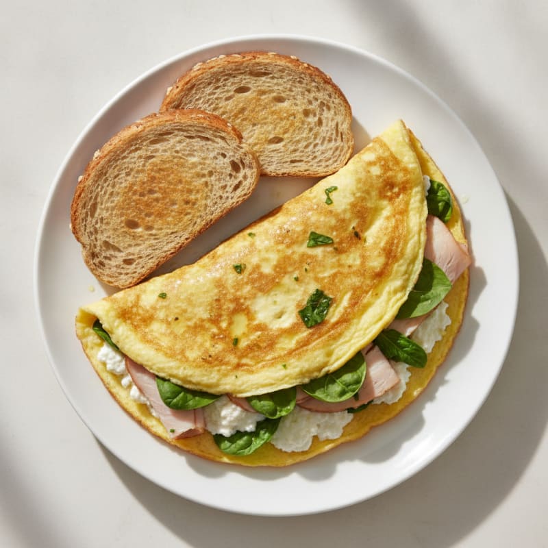 Egg White Spinach Omelet with Cottage Cheese and Sliced Turkey