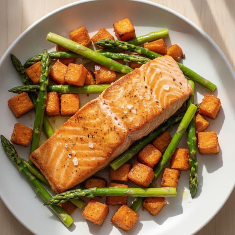 Seared Salmon Fillet with Roasted Sweet Potatoes and Asparagus