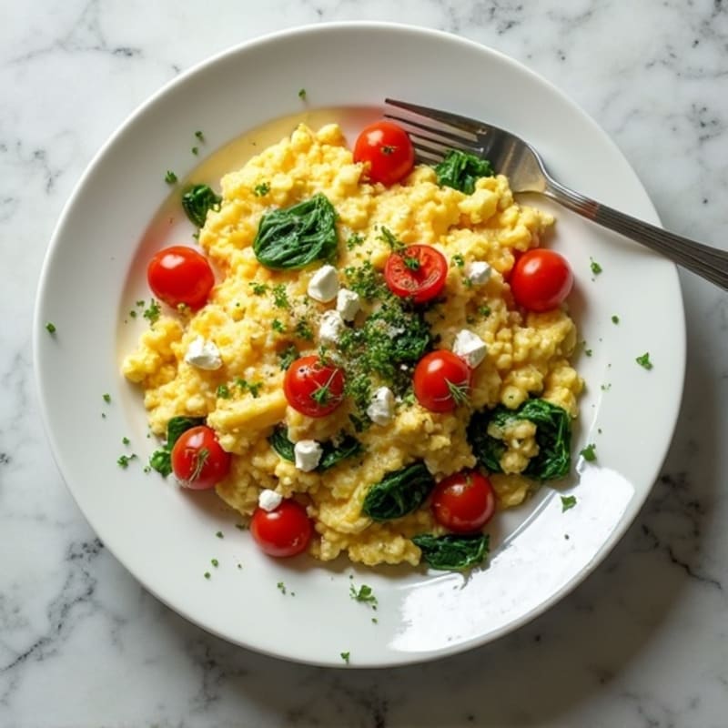 Fluffy Egg Scramble with Fresh Spinach and Cherry Tomatoes