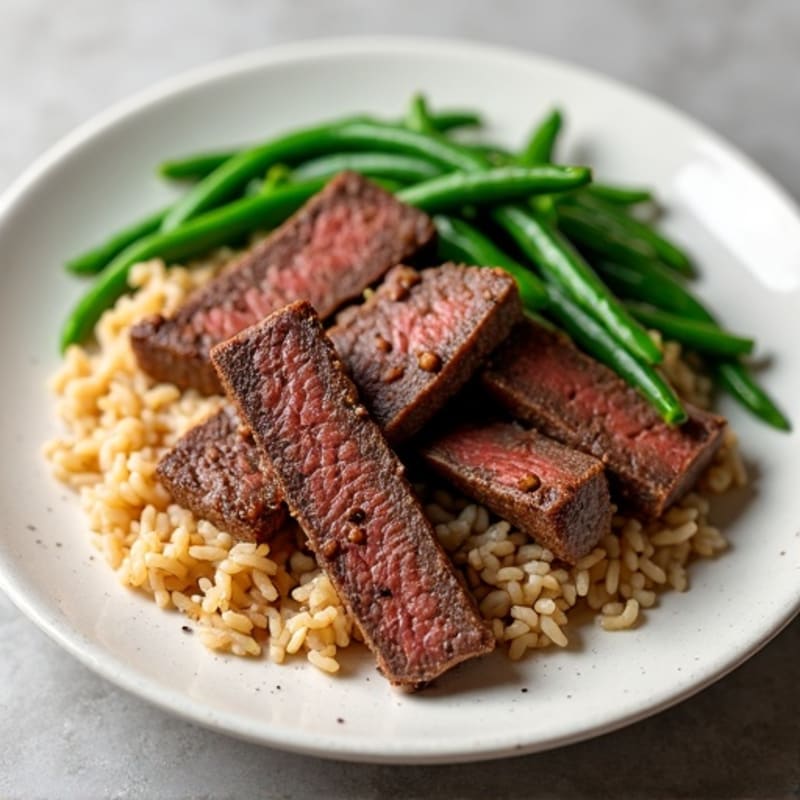 Seared Beef Strips with Steamed Green Beans and Brown Rice