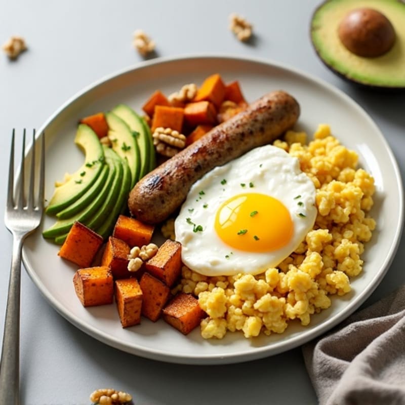 Egg White and Turkey Sausage Scramble with Cottage Cheese and Roasted Sweet Potatoes