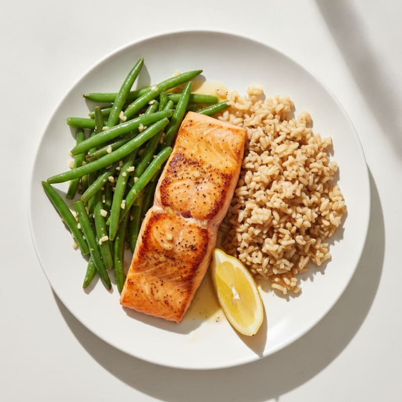 Seared Salmon with Garlic Green Beans and Brown Rice