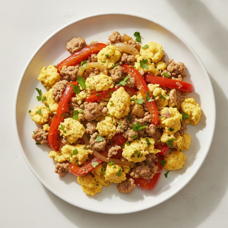 Herb-Scrambled Eggs with Ground Turkey and Roasted Peppers