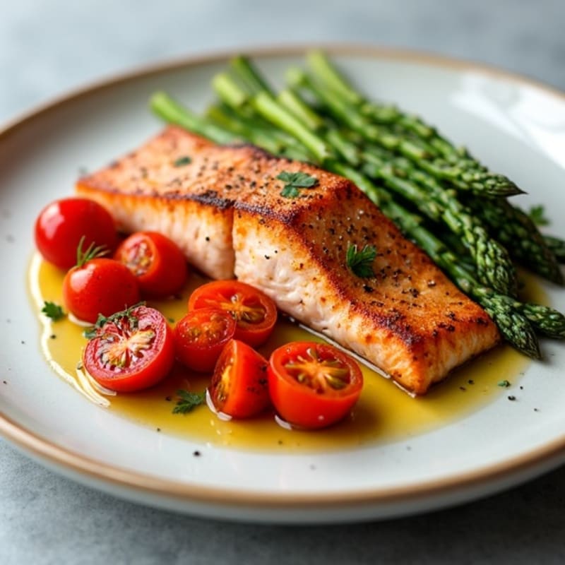 Crispy Pan-Seared Salmon with Roasted Asparagus and Cherry Tomatoes