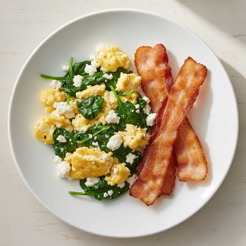 Cottage Cheese Egg Scramble with Sautéed Spinach and Turkey Bacon