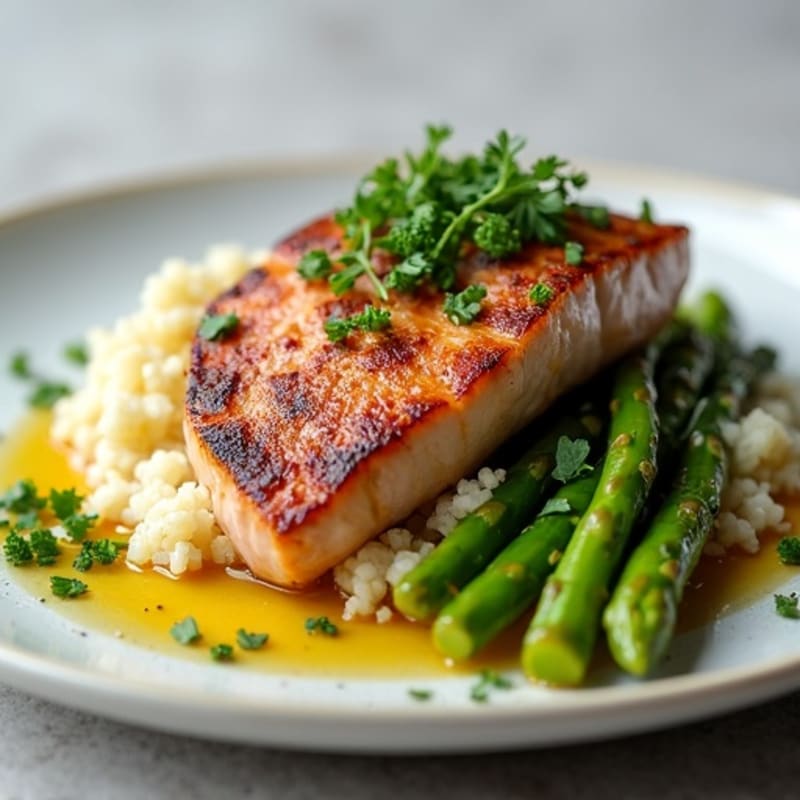 Seared Tuna Steak with Roasted Asparagus and Cauliflower Rice