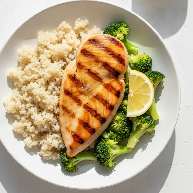 Grilled Chicken Breast with Steamed Broccoli and Quinoa